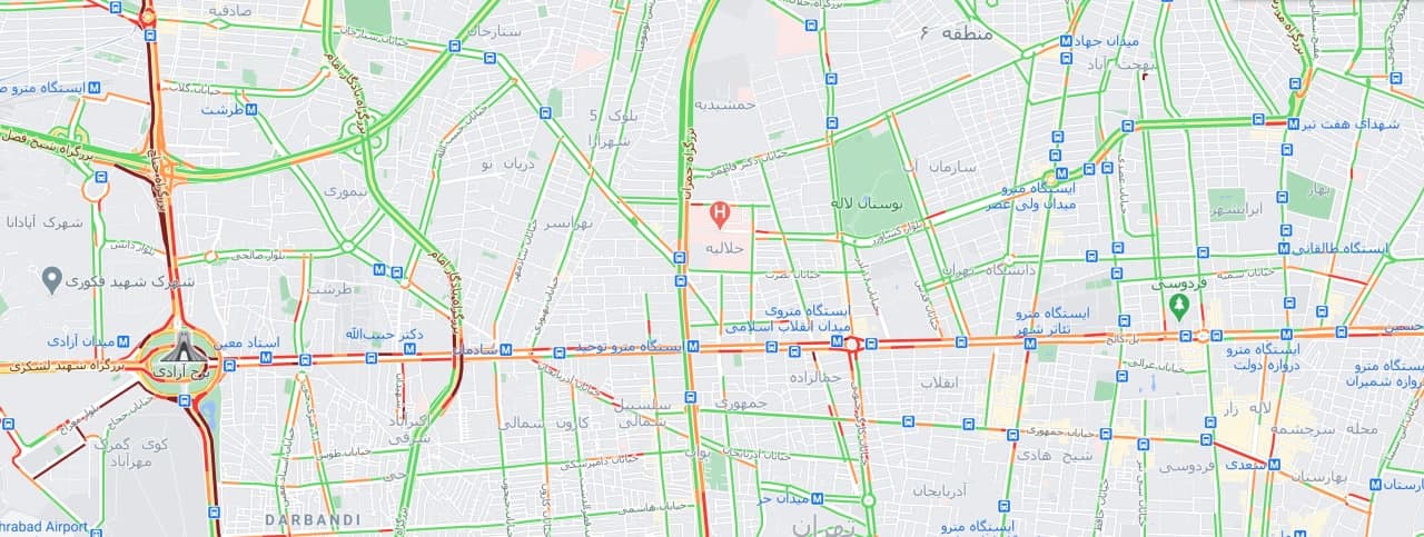  نقشه ترافیکی تهران گویای ترافیک در خیابان های منتهی به میدان آزادی میباشد